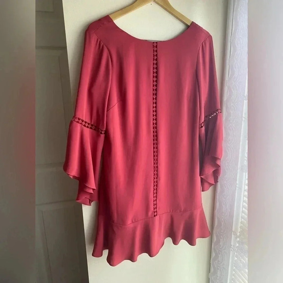 White House Black Market Mini Dress with Flutter Bell Sleeves Coral Pink Ruffle - Picture 1 of 12